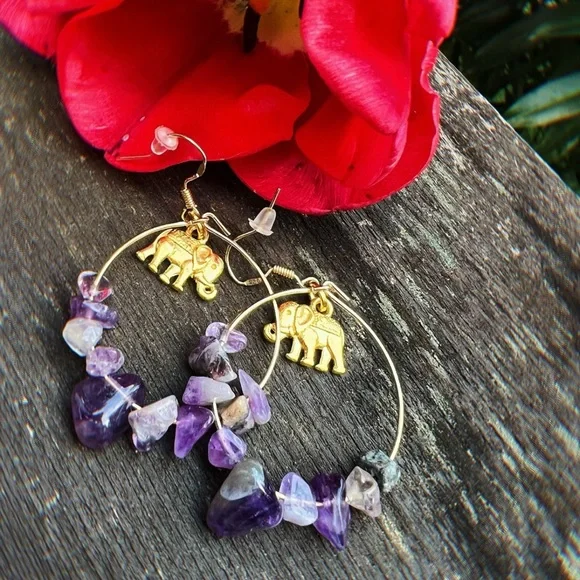 Elephant Handcrafted Amethyst Crystal Earrings 18k Gold Plated Posts - Picture 2 of 3